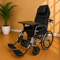 Karma Hydraulic Recliner Cum Commode - Ryder 8 wheelchair Foldable  With Premium U-Cut Seat and  With food Table 