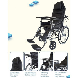 Karma Hydraulic Recliner Cum Commode - Ryder 8 wheelchair Foldable  With Premium U-Cut Seat and  With food Table 