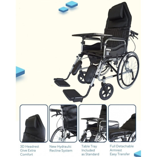 Karma Hydraulic Recliner Cum Commode - Ryder 8 wheelchair Foldable  With Premium U-Cut Seat and  With food Table 